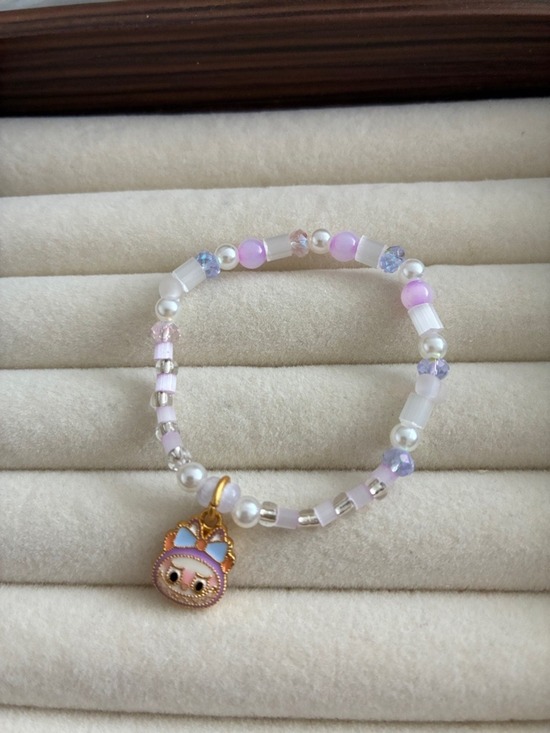 Handmade Other - Kids Lavender Beaded Charm Bracelet with Labubu Charm
